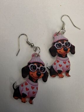 Cute Dachshund Dog Earrings - Pink Heart Sweater